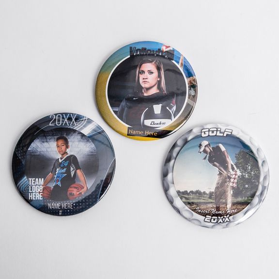 Three circular sports trading cards featuring athletes in golf, football and graduation poses.