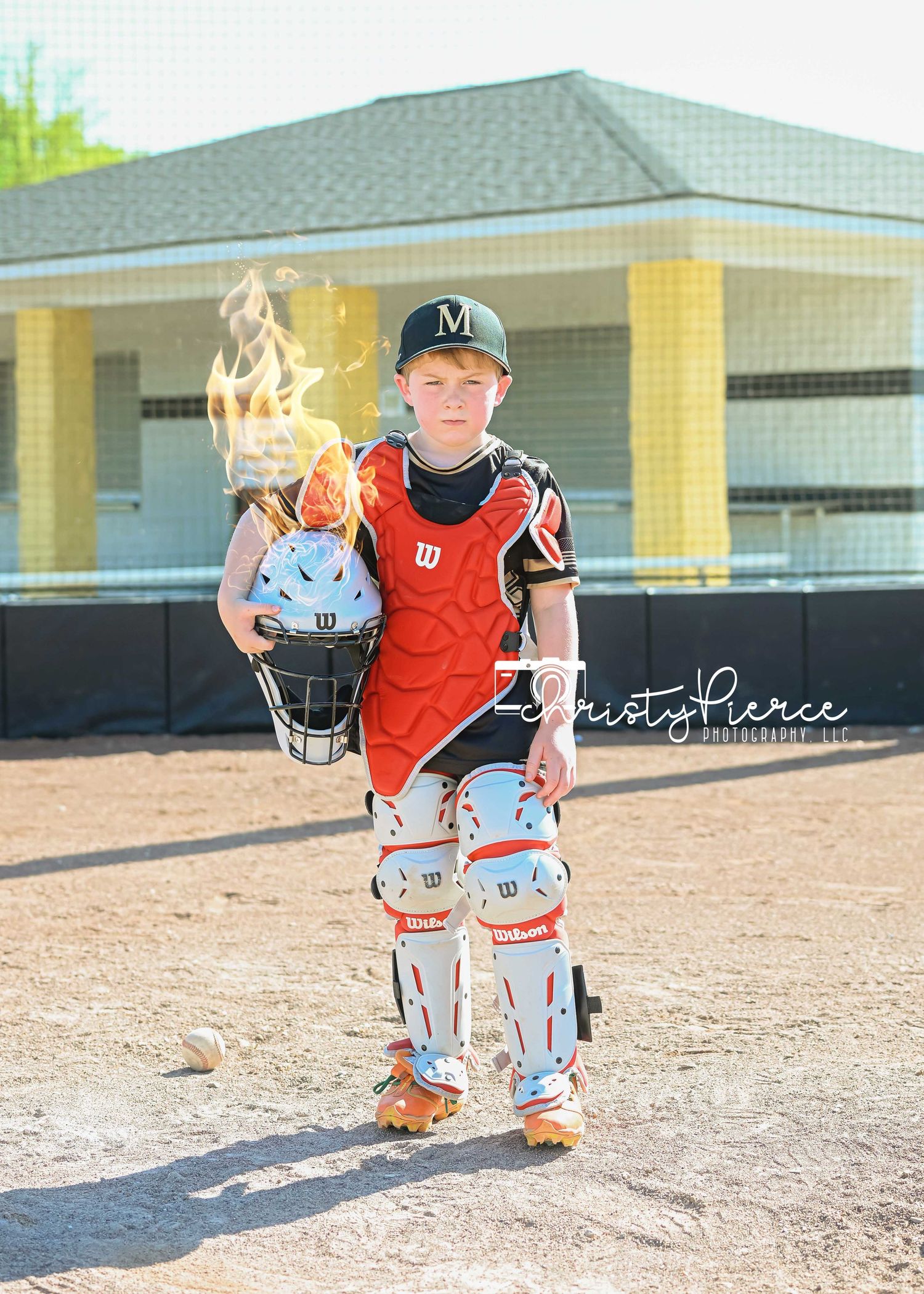 Creative composite photo series showing a baseball player with flame effects overlaid on a dirt field.