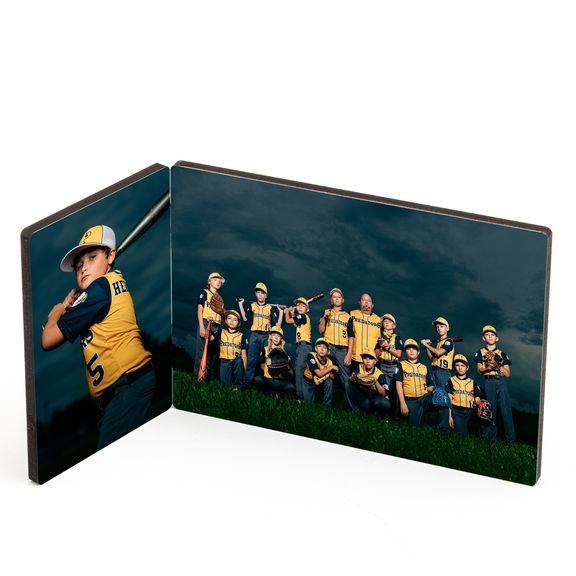 A panoramic accordion-style photo book displays silhouettes of people against a sunset sky with trees in the background.