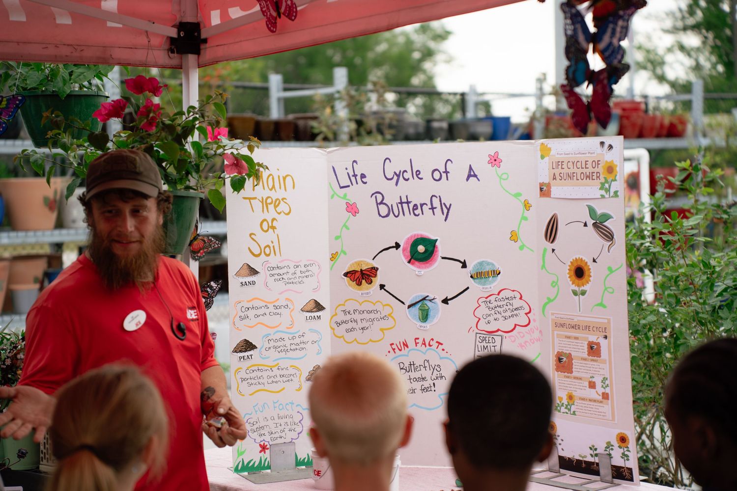 Man in red shirt presents Life Cycle of a Butterfly poster at an outdoor educational garden display.