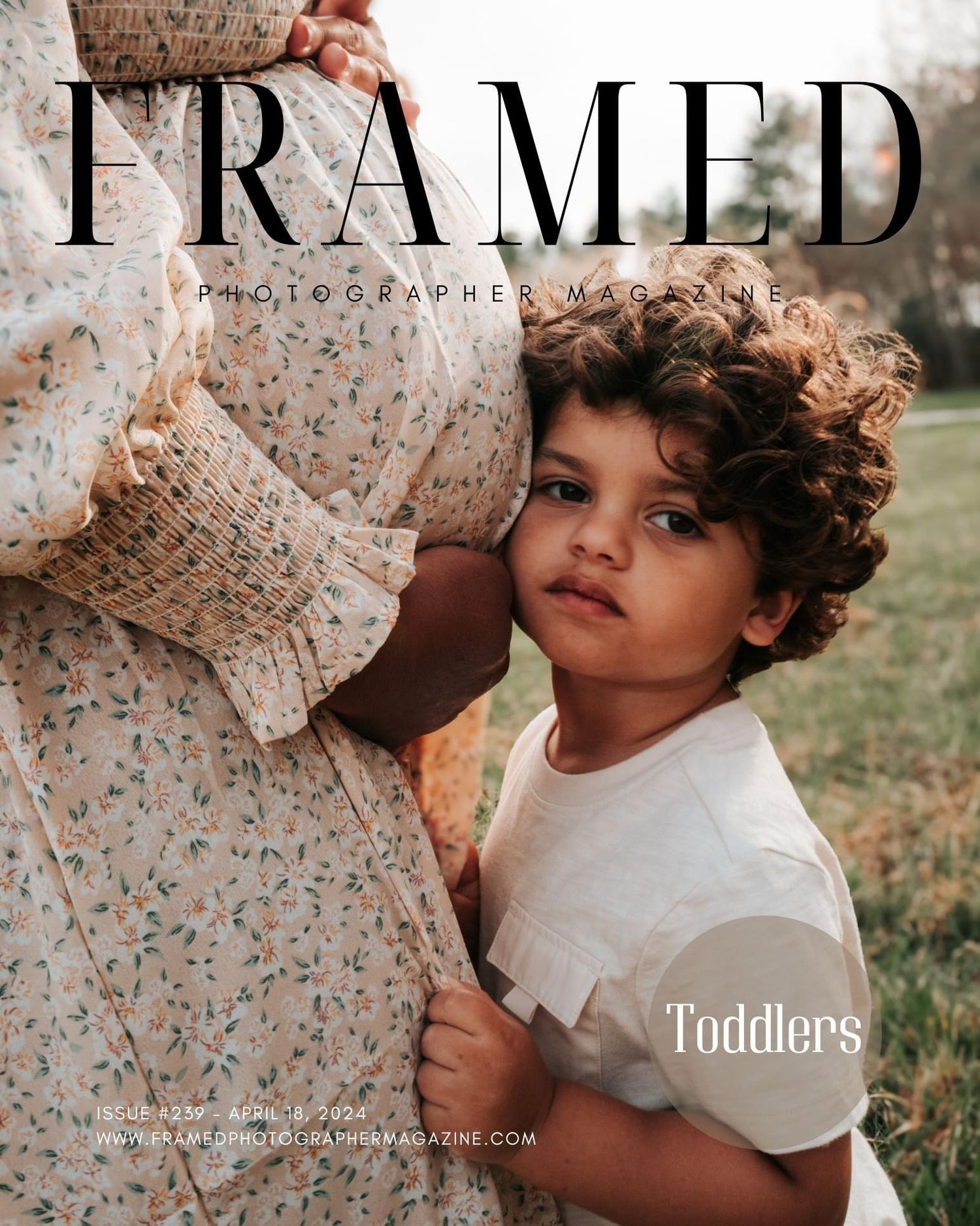 Published Photographer on cover of Framed Photographer Magazine featuring toddler against mom soft natural background.