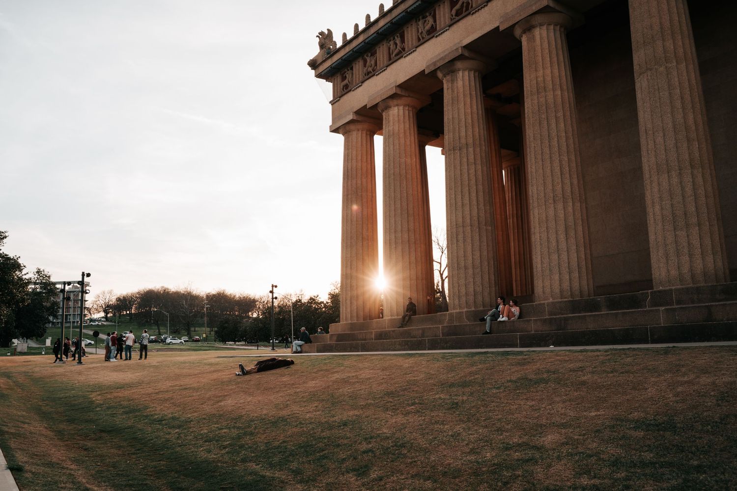 Panoramic view of the Lincoln Memorial's grand columns and architecture at sunset in Washington DC.