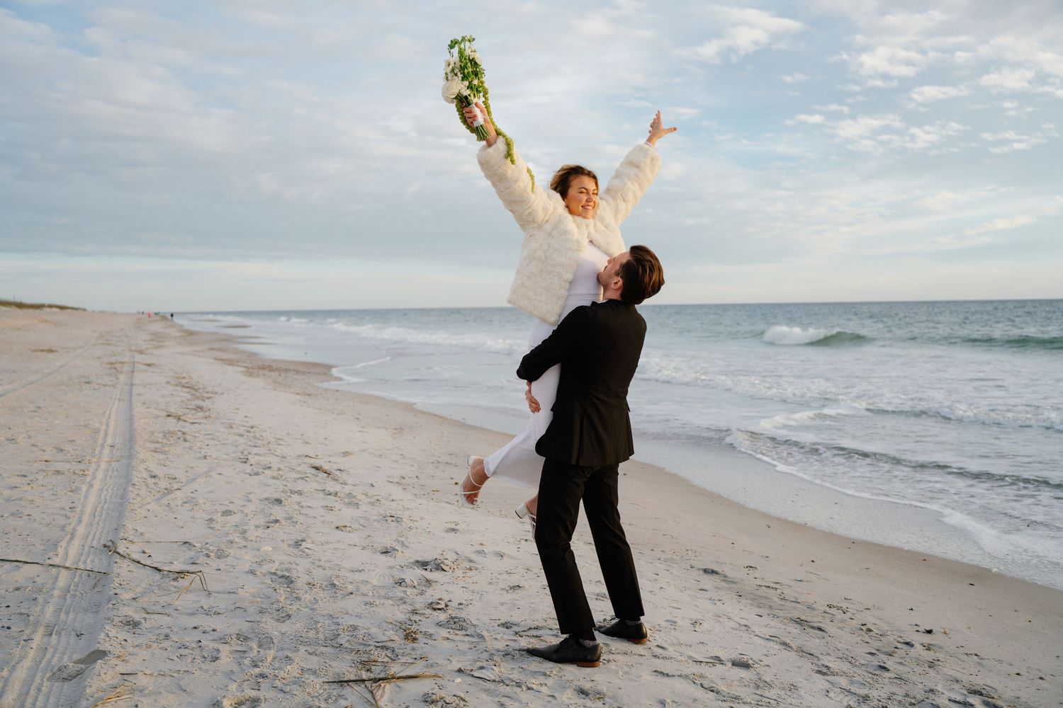 A series of joyful moments captured along a peaceful beach shoreline with waves and cloudy skies in the background.