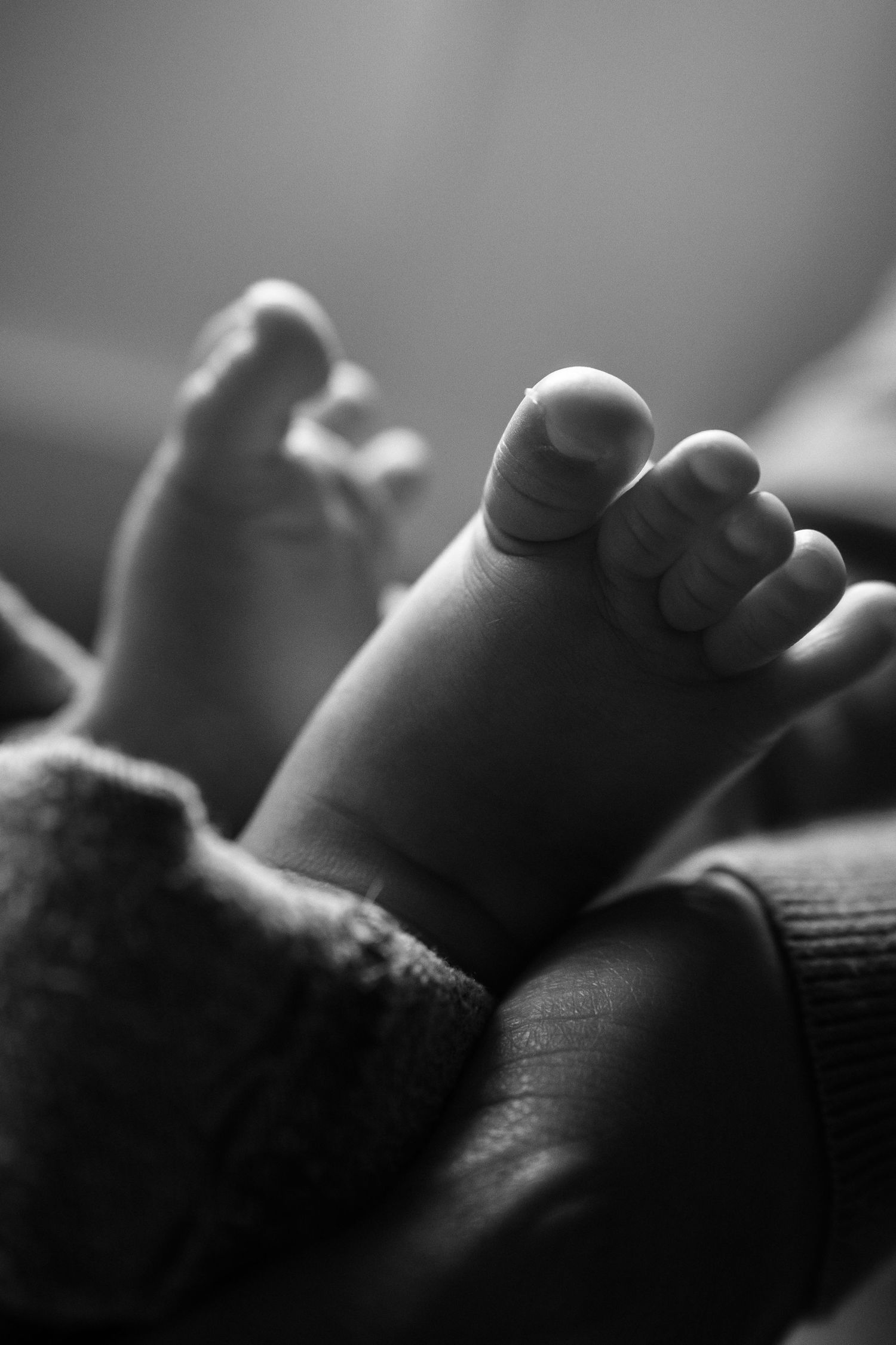 Black and white close-up photo of tiny baby toes and feet in soft focus.
