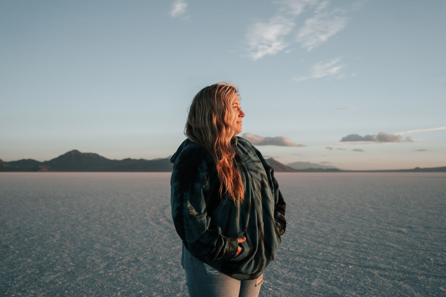 Bonneville Salt Flats looking towards mountains at sunrise on Utah trip