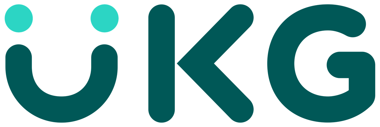 UKG company logo featuring teal lettering with a turquoise dot accent above the letter U on a white background.