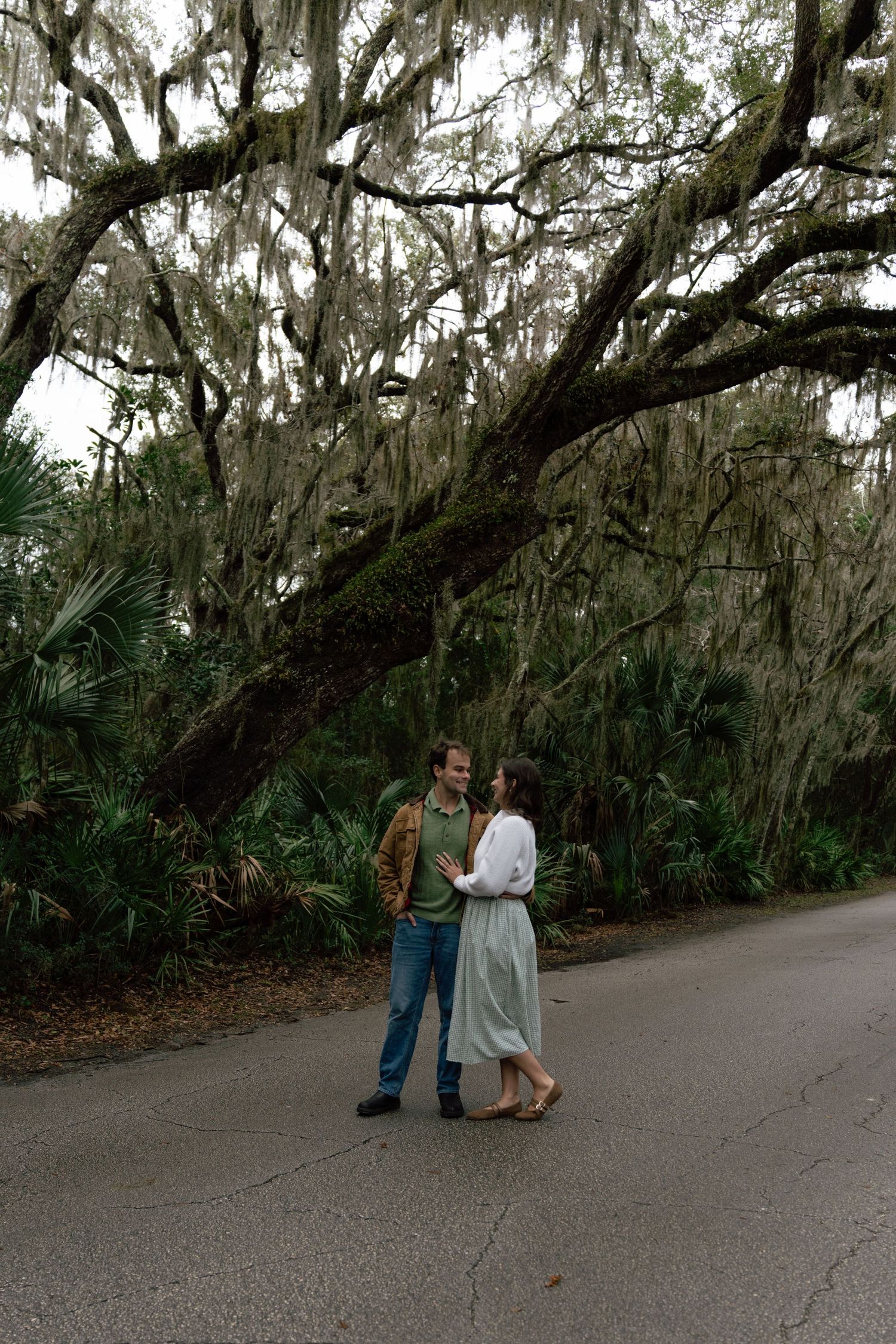 A romantic sequence of photos showing a couple dancing together on a tree-lined path with Spanish moss overhead.