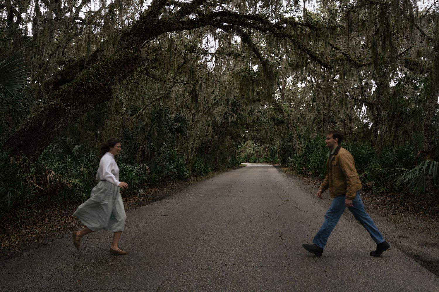 People walking along a tree-lined path in a park on an overcast day.