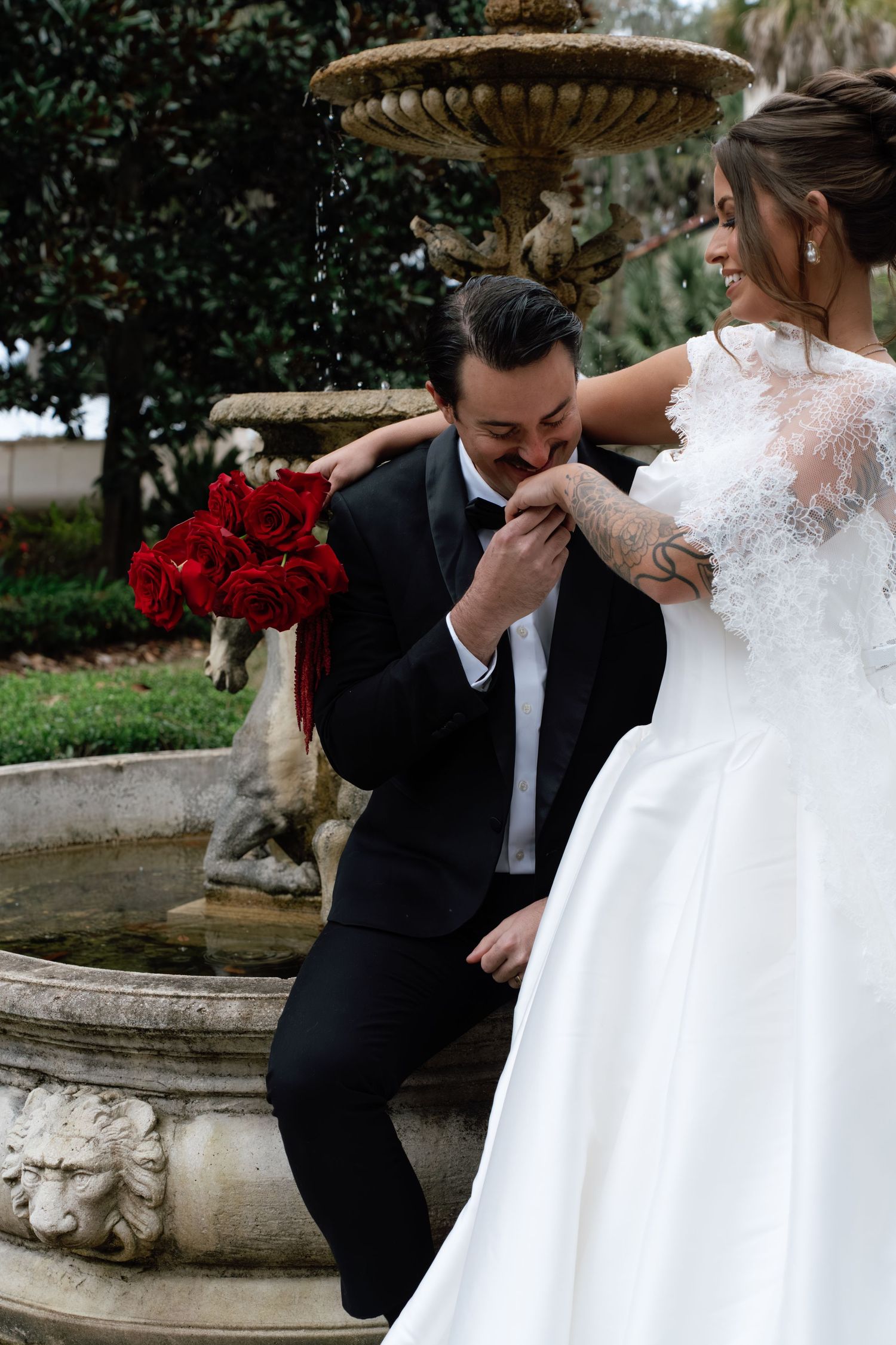 Romantic wedding moment captured in sequence showing couple by ornate garden fountain in formal attire.