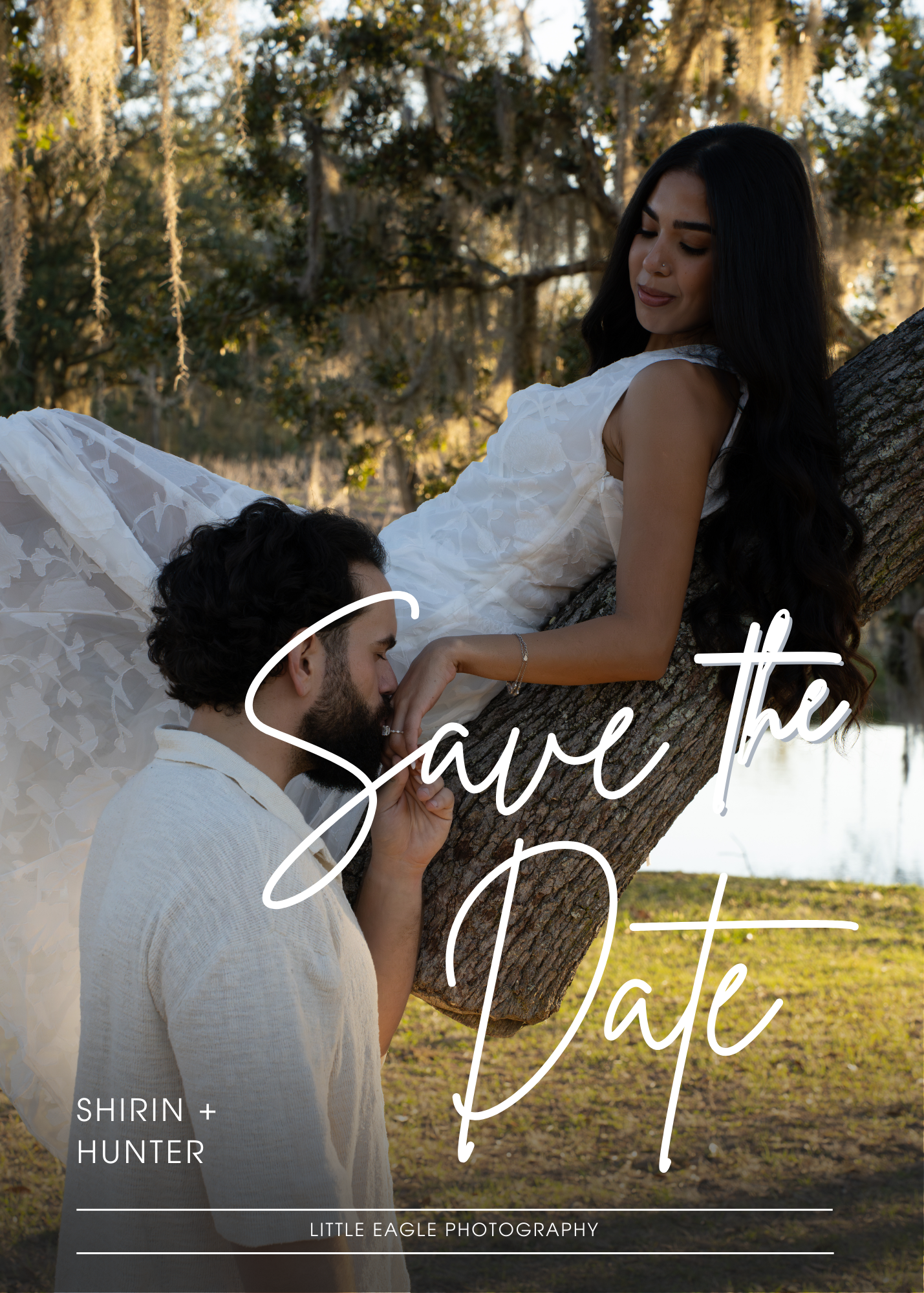 Romantic outdoor photo session featuring a couple in white attire embracing under sunlit trees in a natural setting.