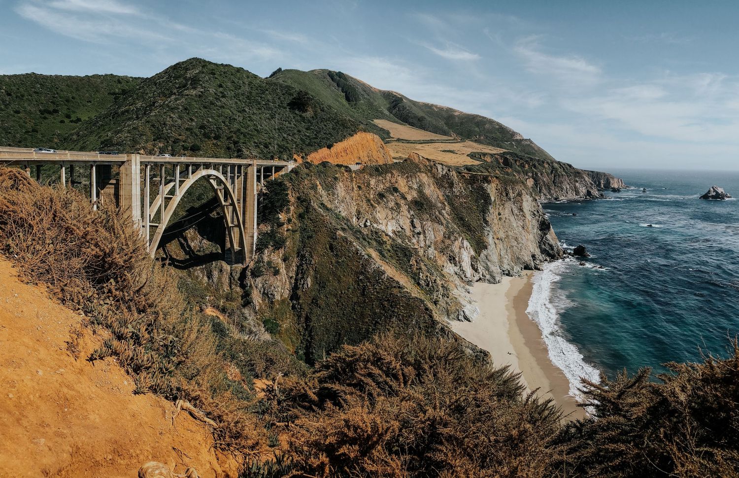 Panoramic aerial view of Bixby Creek Bridge along California's Big Sur coastline with rugged cliffs and ocean waves.