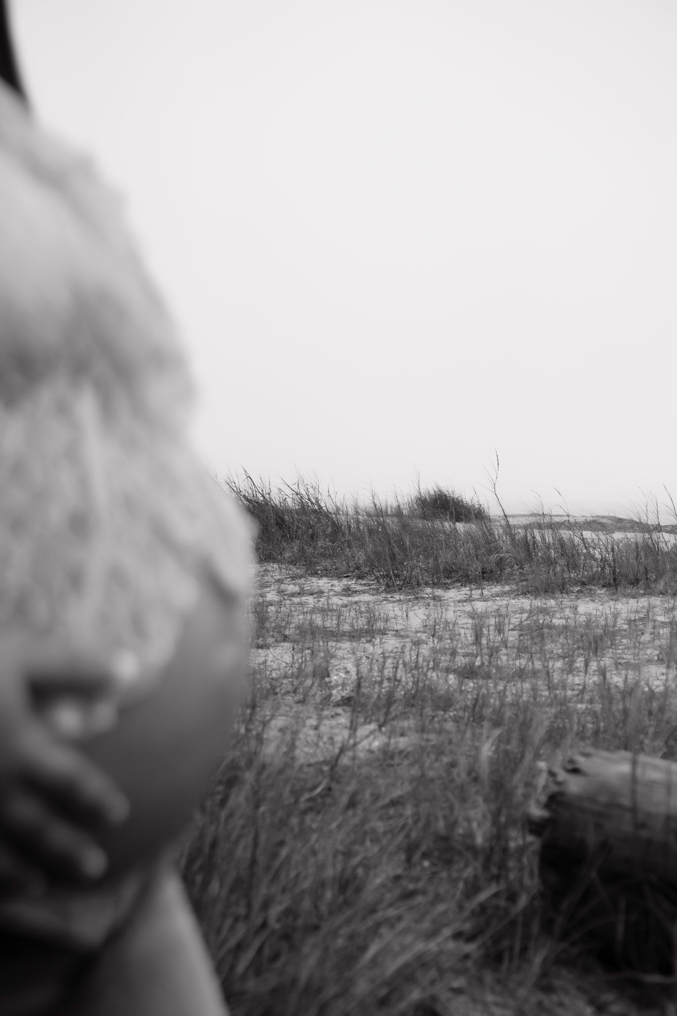 Black and white artistic photograph showing a blurred foreground with tall beach grass and dunes in focus.
