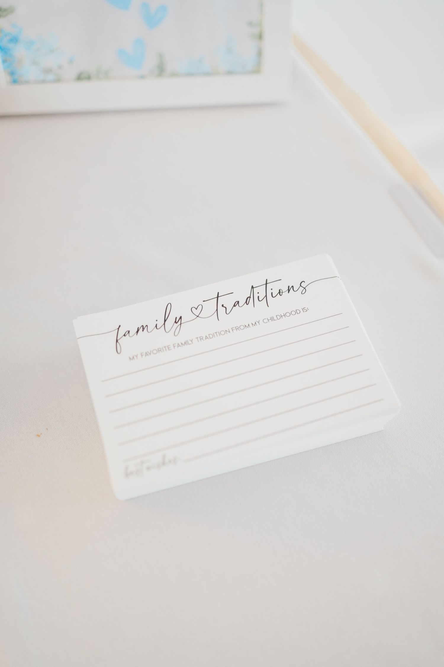 Family traditions card template for baby shower activity.