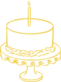 Yellow outline illustration of a single-tier birthday cake with one candle on a decorative cake stand.
