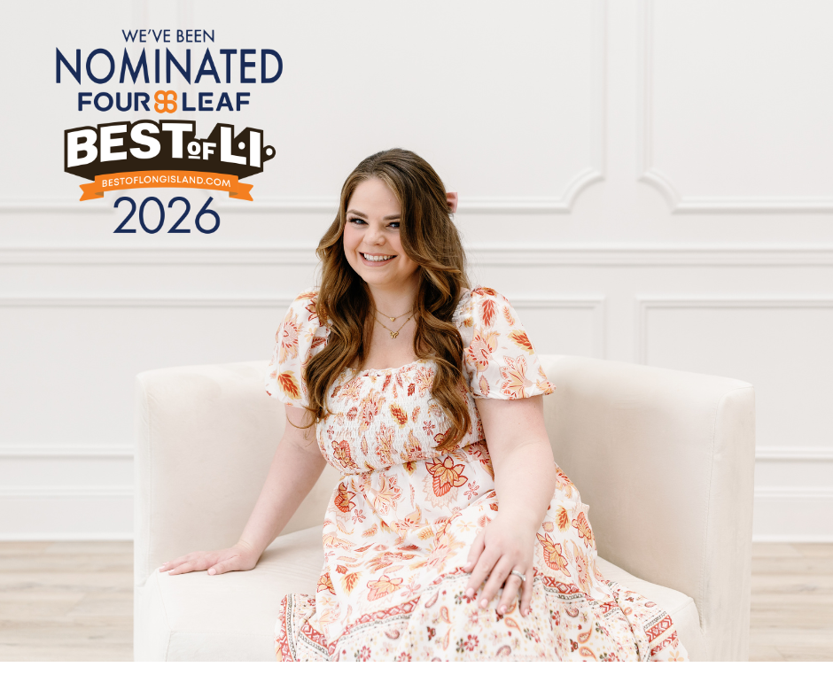 Woman in floral dress sitting on cream couch with Best of 2026 nomination text.