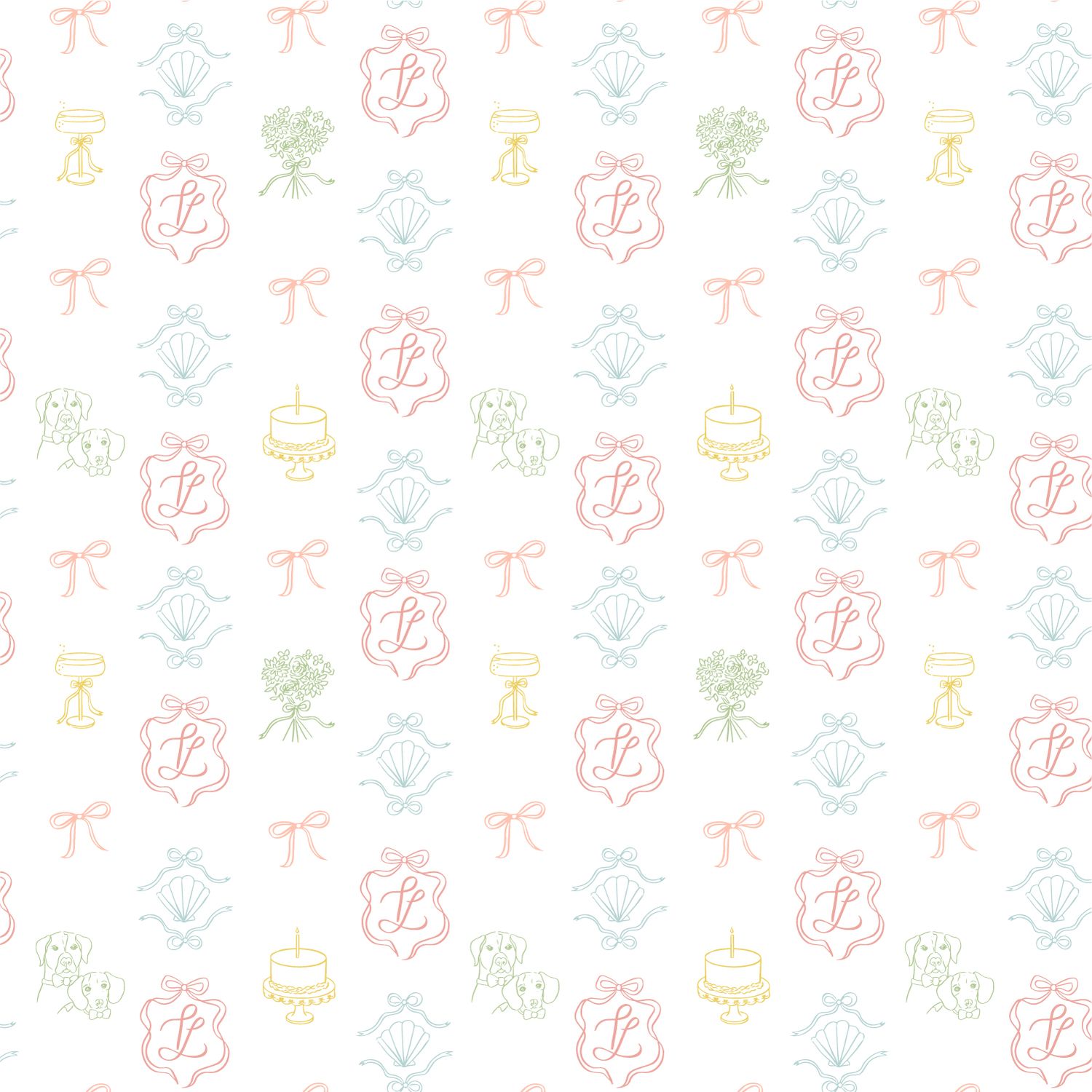 Elegant pastel pattern featuring bows, floral bouquets, monogram crests, and celebration cakes on white background.
