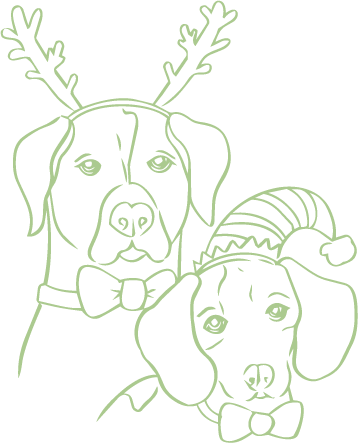 Two festive dogs wearing holiday accessories, a large dog with reindeer antlers and a small dog in an elf hat, both with bow ties.