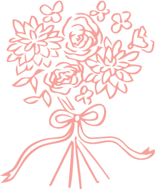 Pink line art illustration of a floral bouquet with roses, daisies, and a decorative bow, perfect for wedding or romance themes.