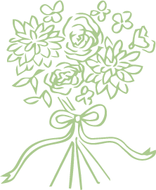 Delicate green line art illustration of a floral bouquet with roses, tied with a ribbon bow.