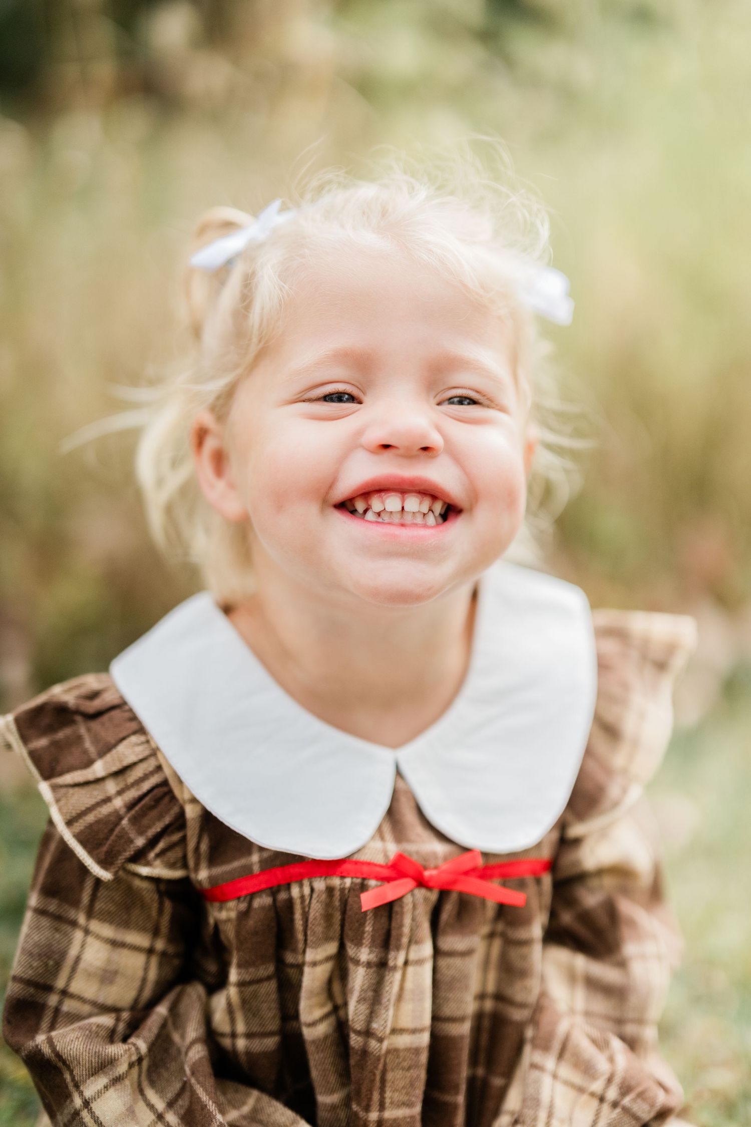 Smiling blonde toddler girl in brown plaid dress with white collar and red bow, laughing outdoors.
