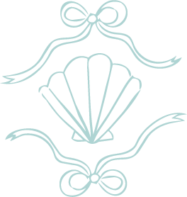 Elegant light teal line art of a scallop shell with decorative bows and ribbon banners on white background.