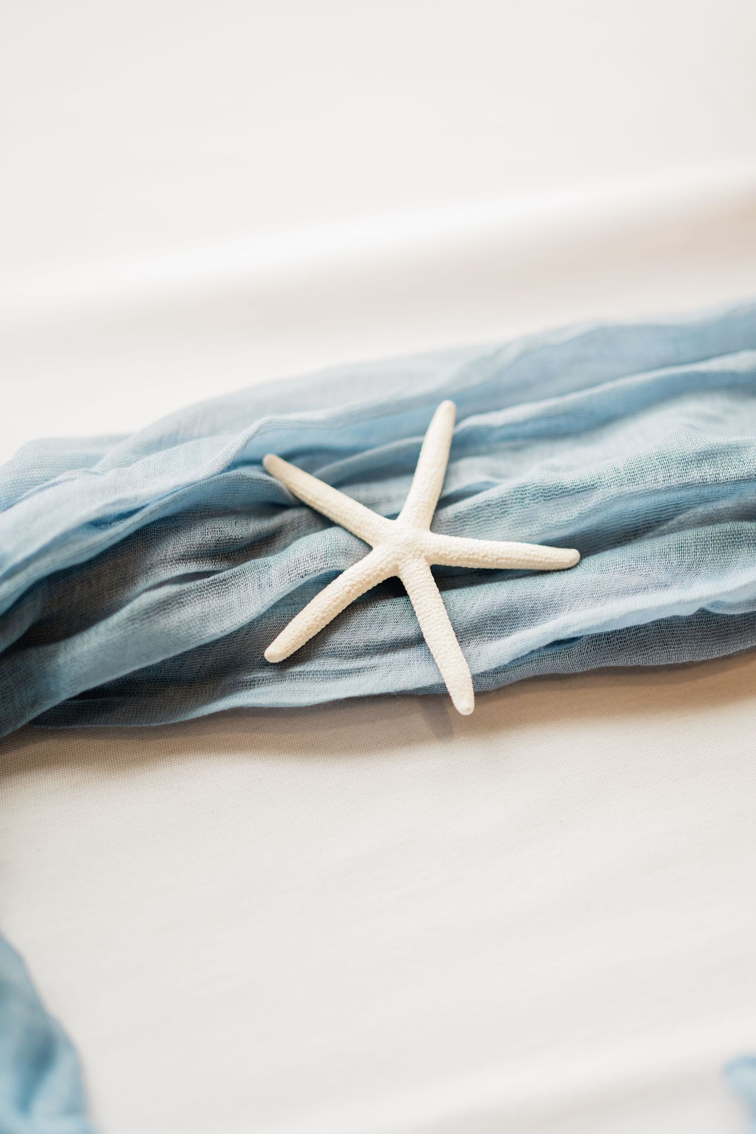 A white starfish rests on flowing light blue fabric creating a coastal wedding detail.