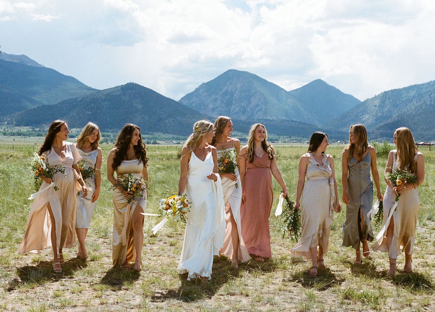 Wedding party in flowing dresses poses in a mountain meadow on a sunny day.