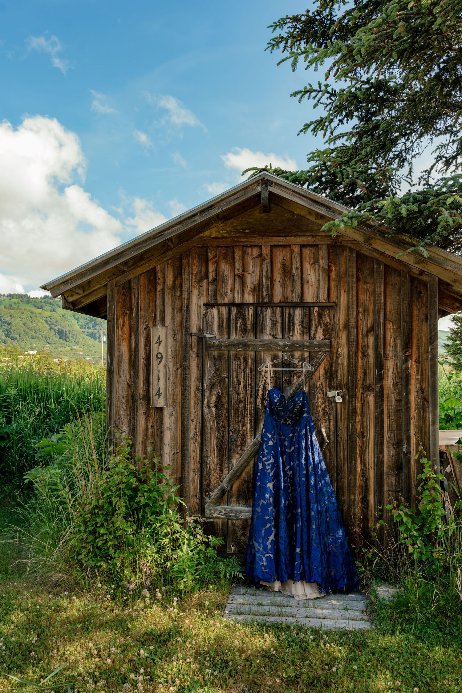 Blue floral gown hanging on rustic wooden shed door surrounded by lush greenery under a blue sky in Homer Alaska
