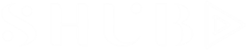Minimalist white SHUB logo with play button design.