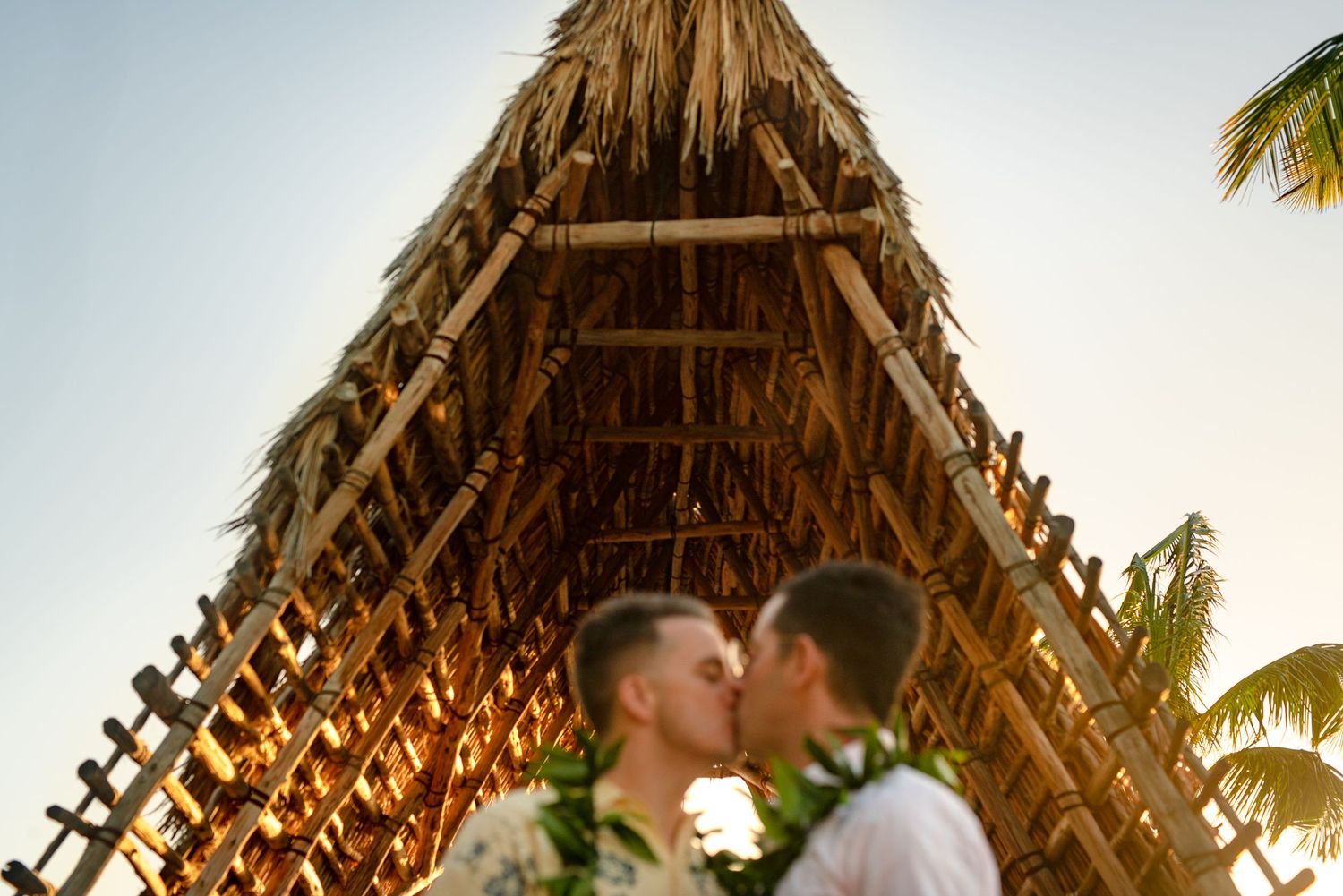 Two grooms share a kiss beneath a thatched bamboo structure with palm trees at a tropical wedding.