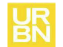 URBN brand logo featuring bold white letters on a bright yellow square background.