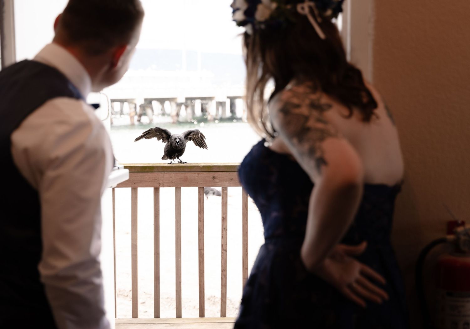 Couple in formal attire viewing a bird perched on a railing with Stonehenge visible in the background.