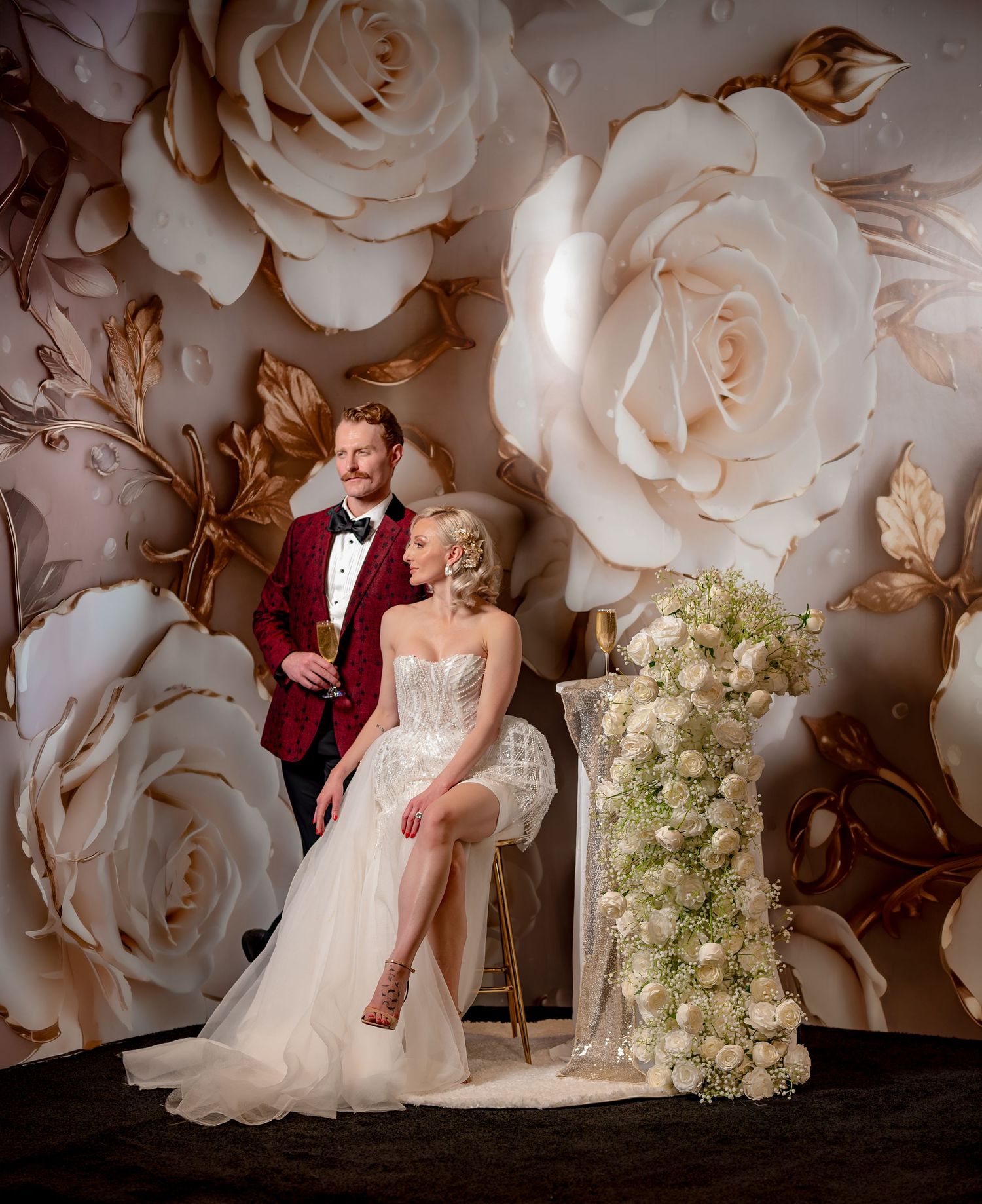 Bride in white gown seated beside groom in red velvet tuxedo against elegant floral backdrop with roses.