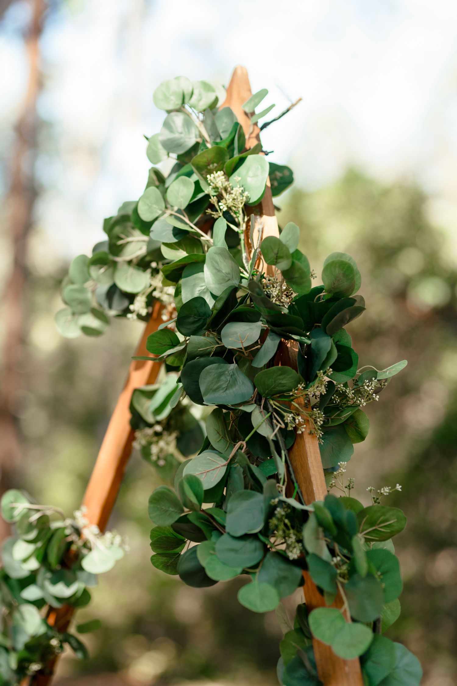 Wooden triangular arch decorated with lush eucalyptus greenery outdoors in a forest setting for a wedding ceremony.