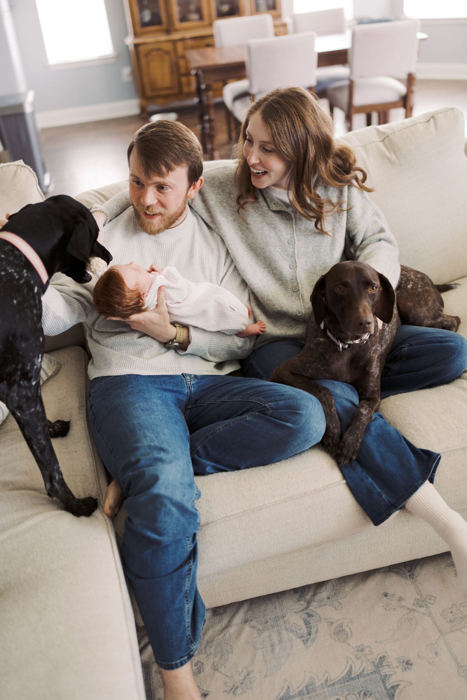 A young couple relaxes on a couch with their two dogs, creating a cozy and intimate family scene.