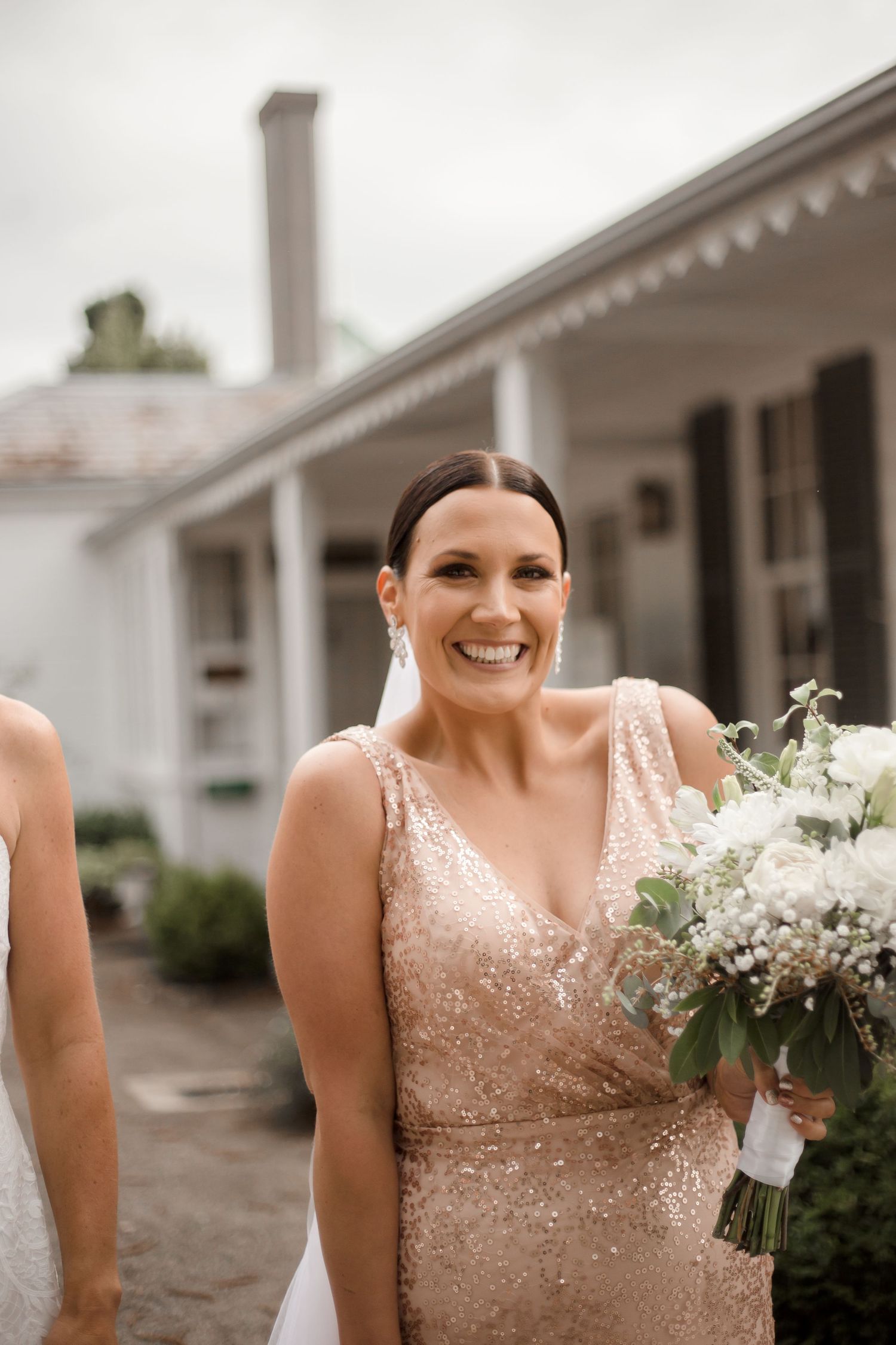 Close-up shots show three similar poses of a person in a sparkly beige dress holding white flowers in an outdoor setting.