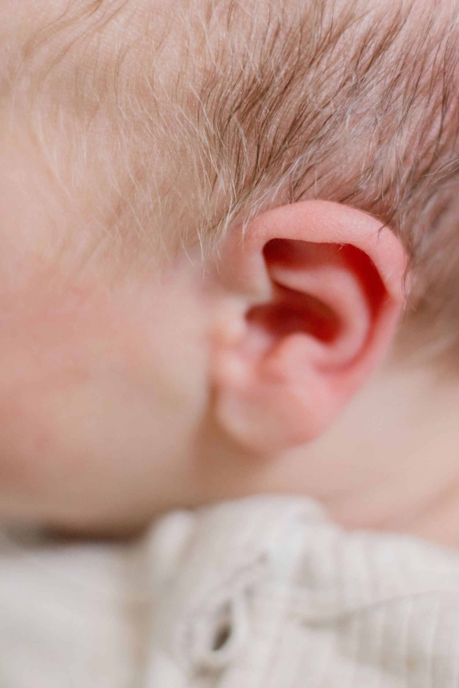 Macro shot of newborn's tiny ear and soft hair.