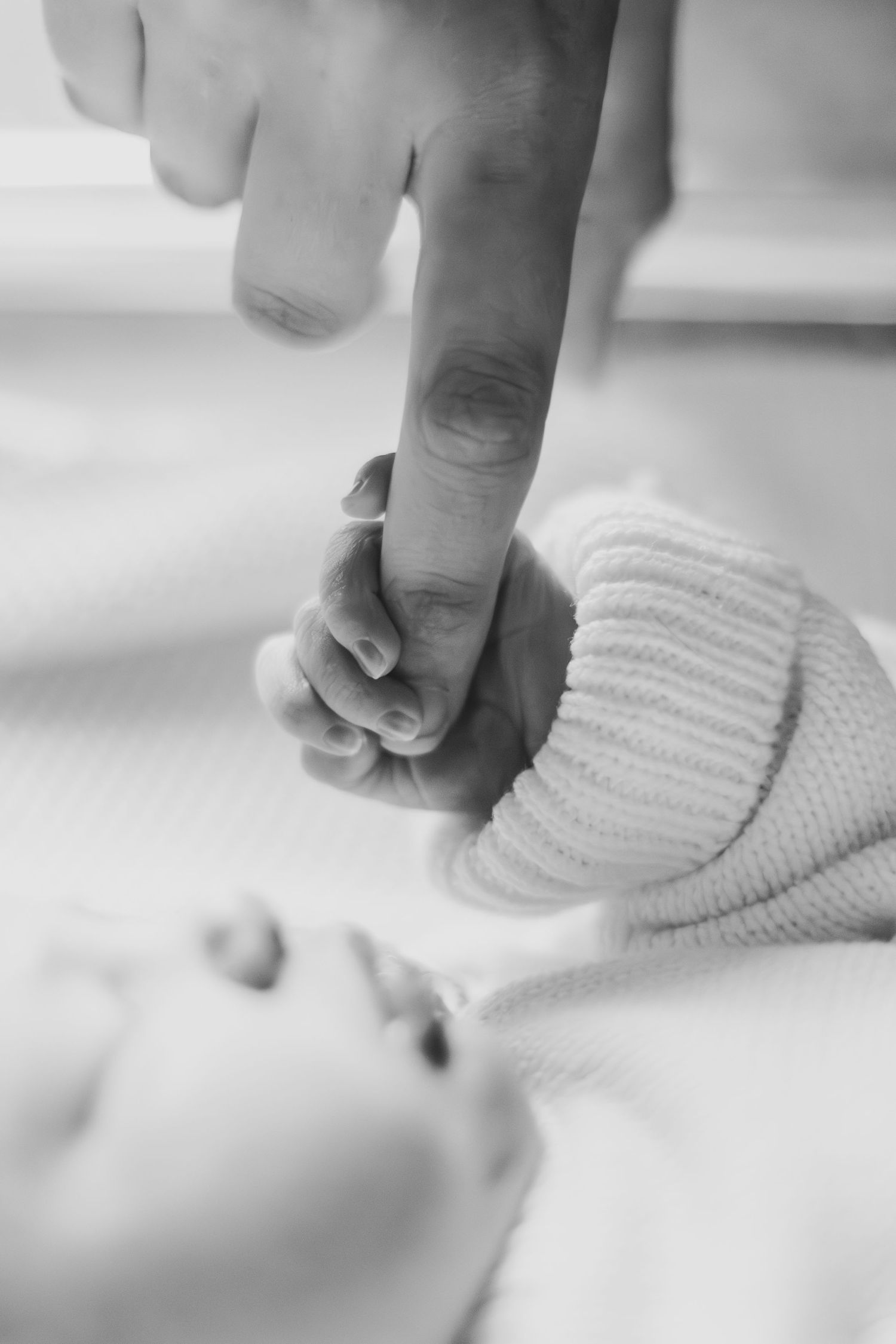 Black and white photo of a newborn baby grasping an adult's finger, wearing a knit hat.