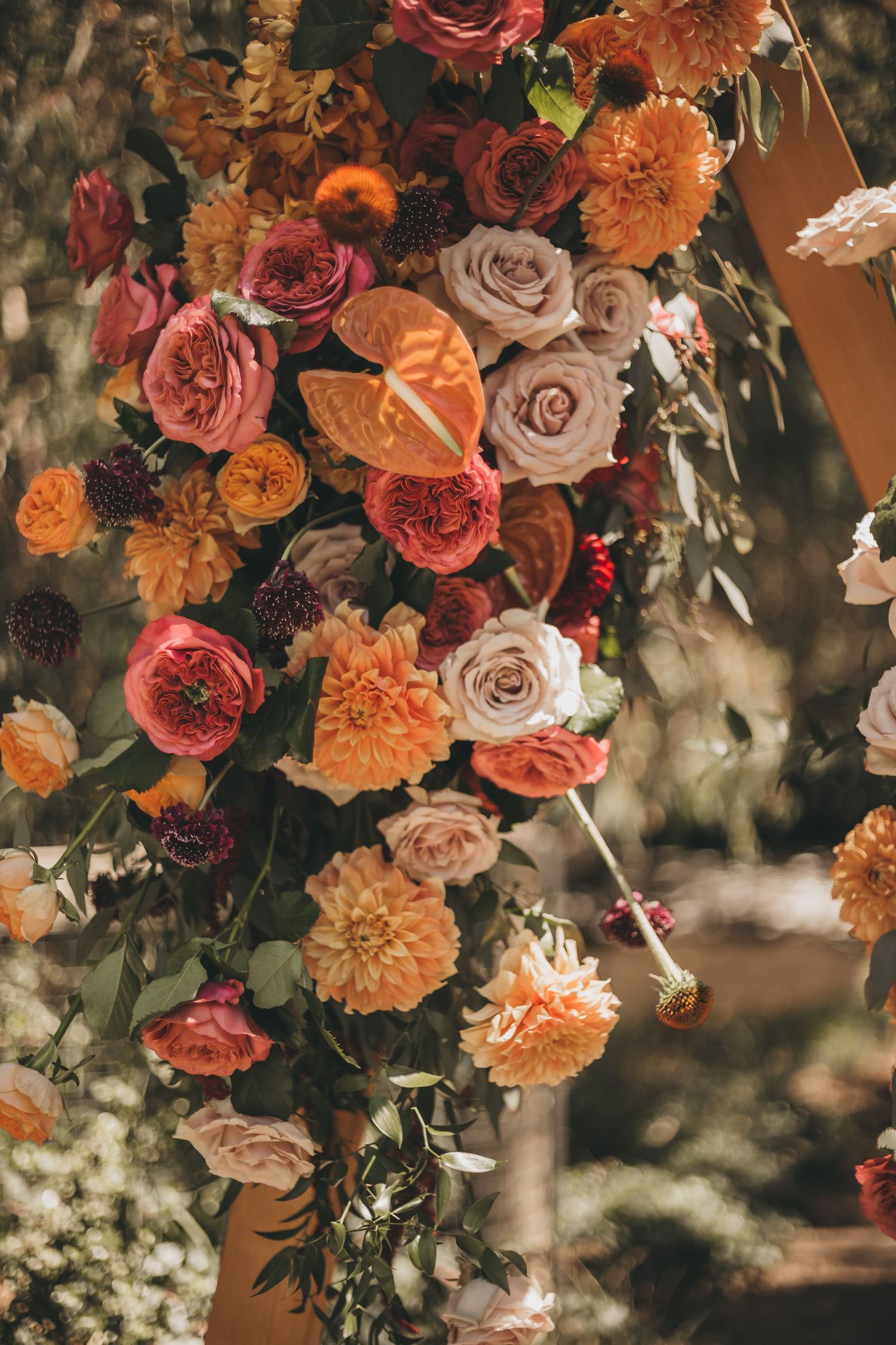 A lush floral arrangement featuring orange dahlias, pink roses, and deep burgundy blooms hanging from above.
