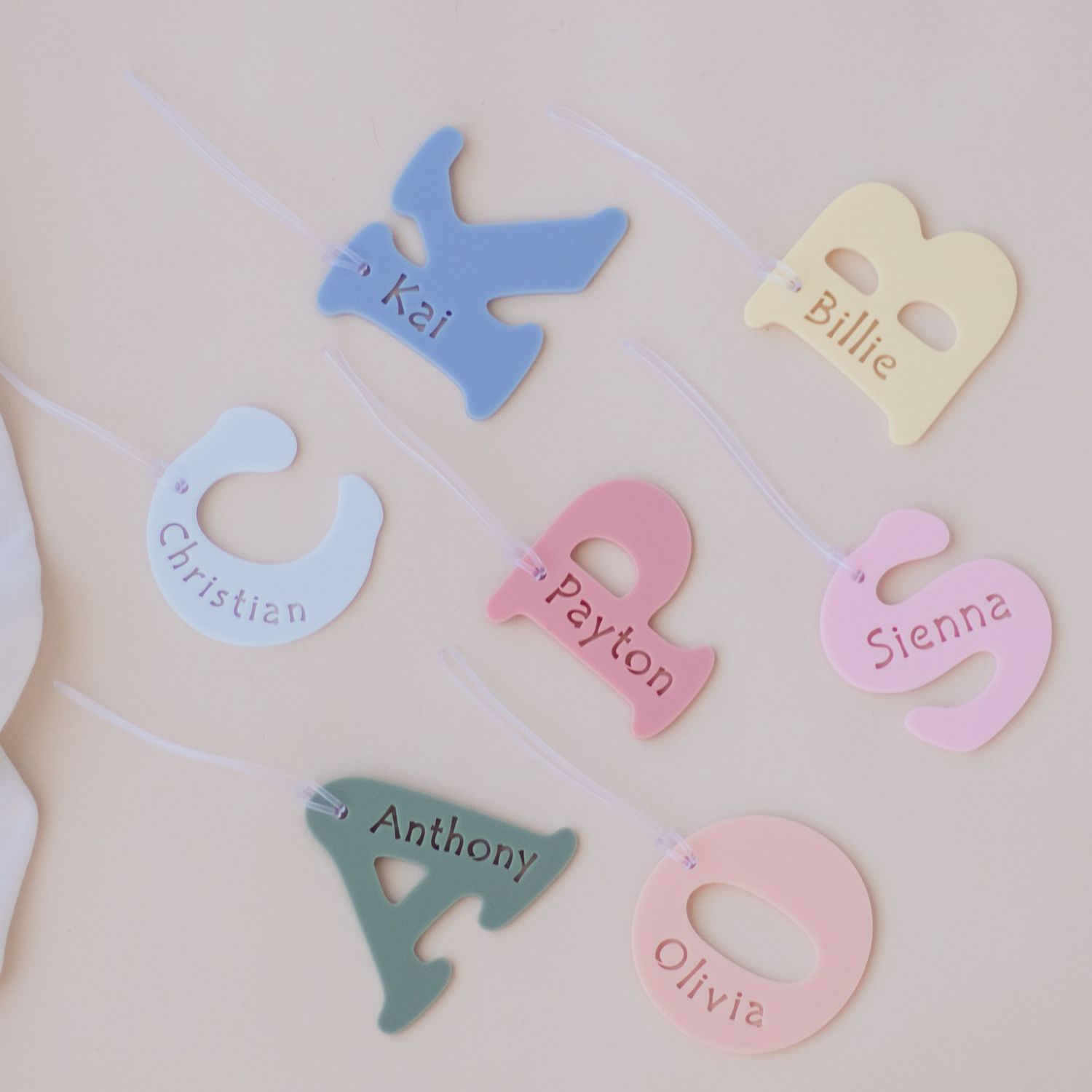 Colorful personalized animal-shaped name tags in pastel blue, pink, and yellow.