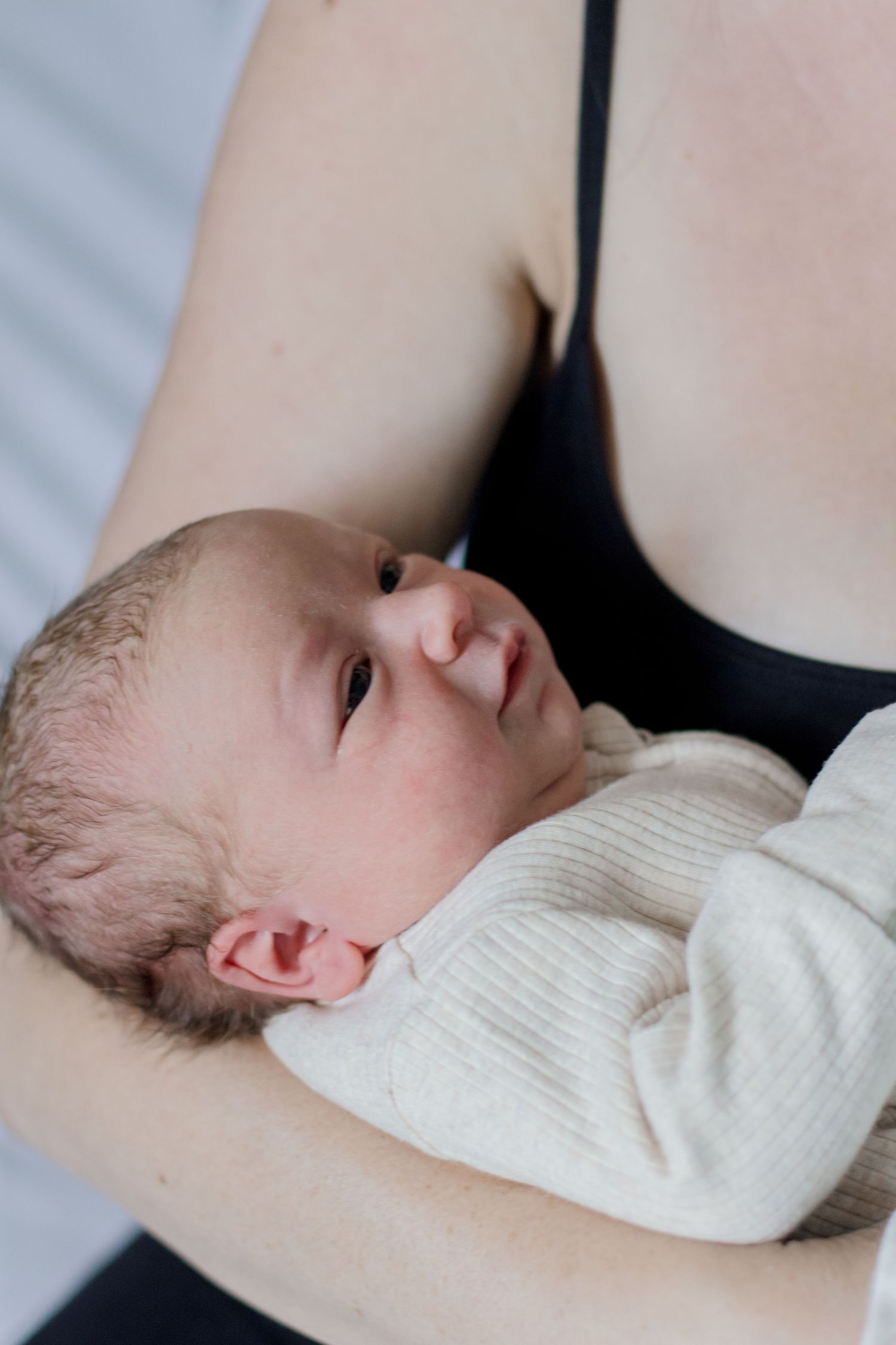Alert newborn in cream colored sweater gazes up while being held.