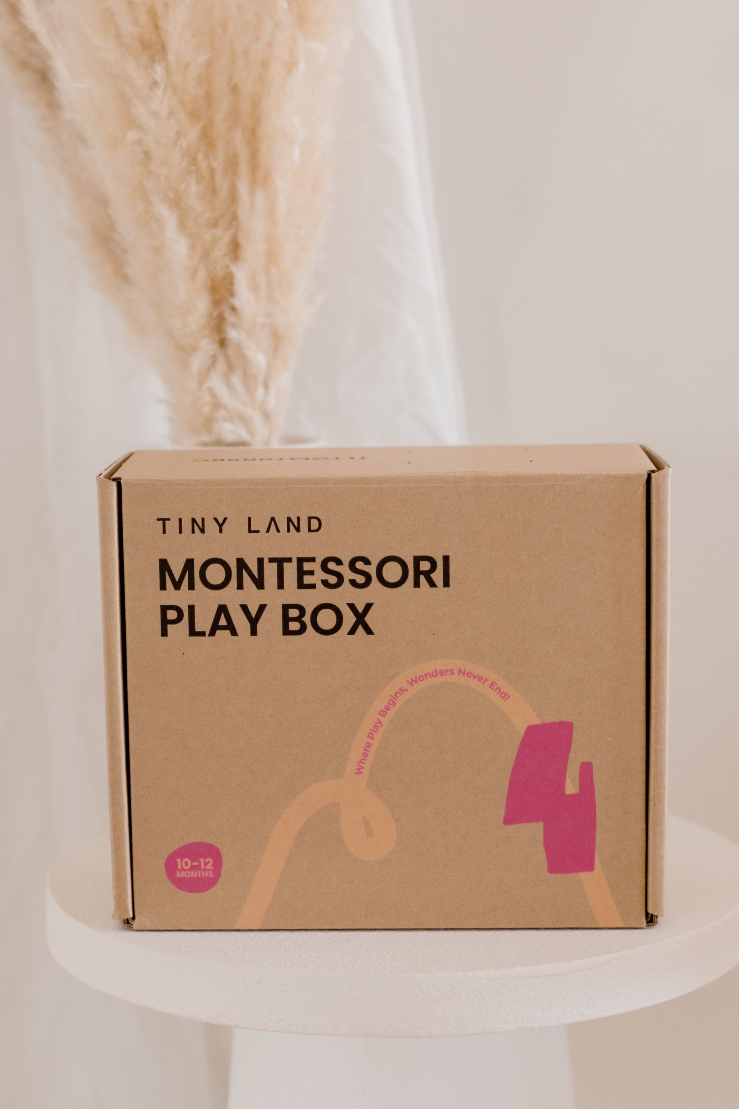 Montessori play box packaging from Tiny Land displayed with pampas grass decor.