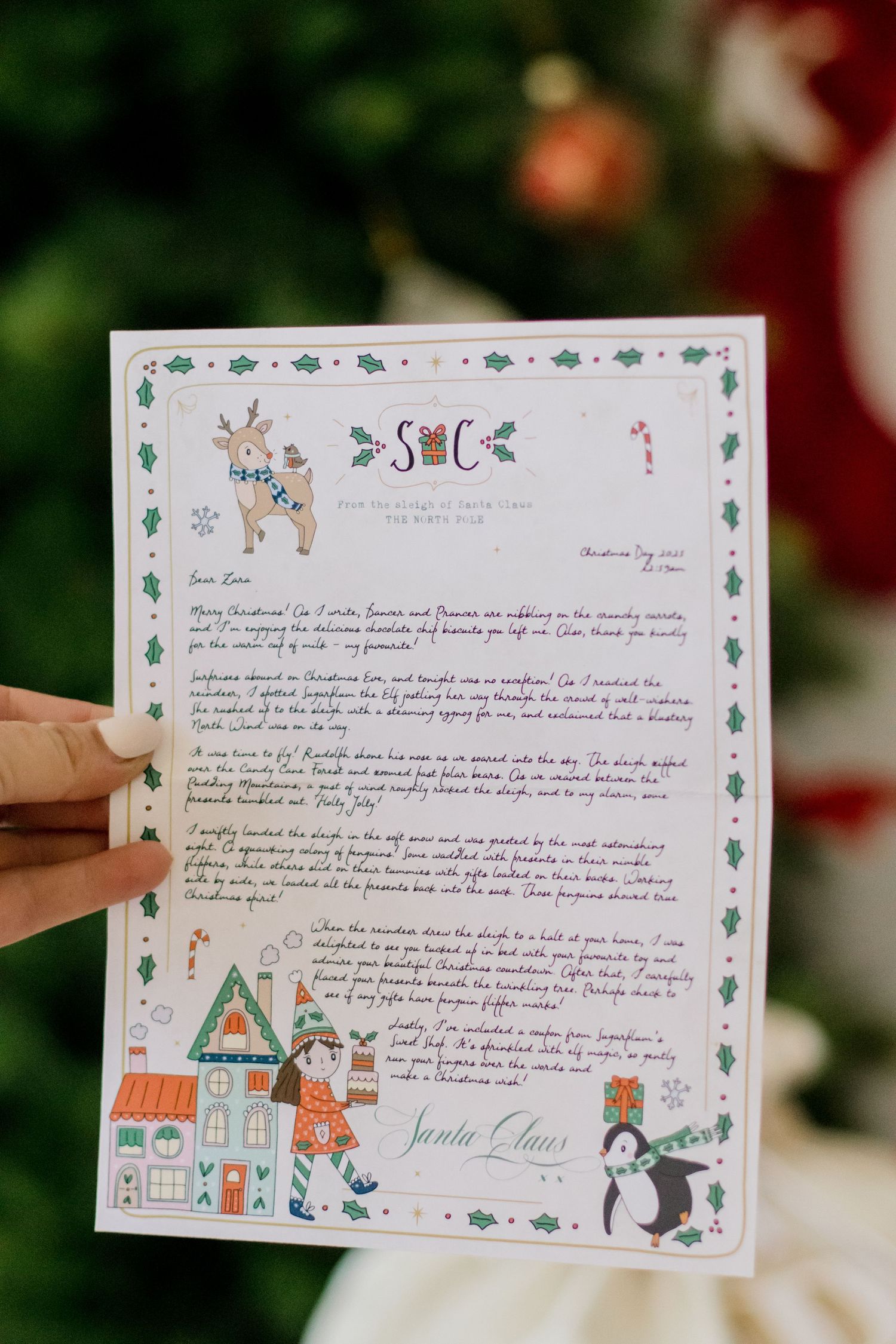 Decorative Christmas letter with hand-drawn illustrations and text featuring houses, trees, and festive designs.