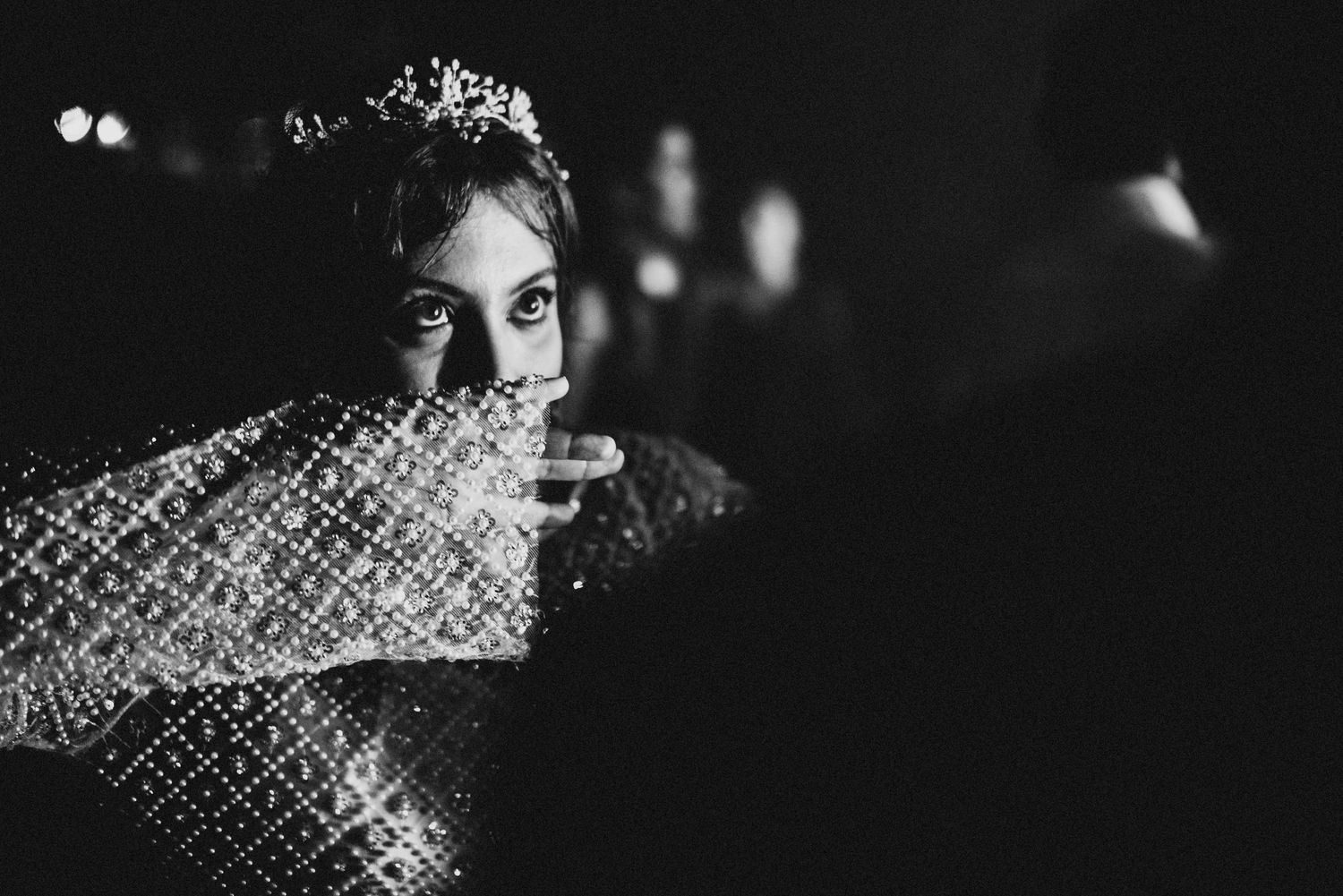 A dramatic black and white bridal portrait through delicate veil lace.