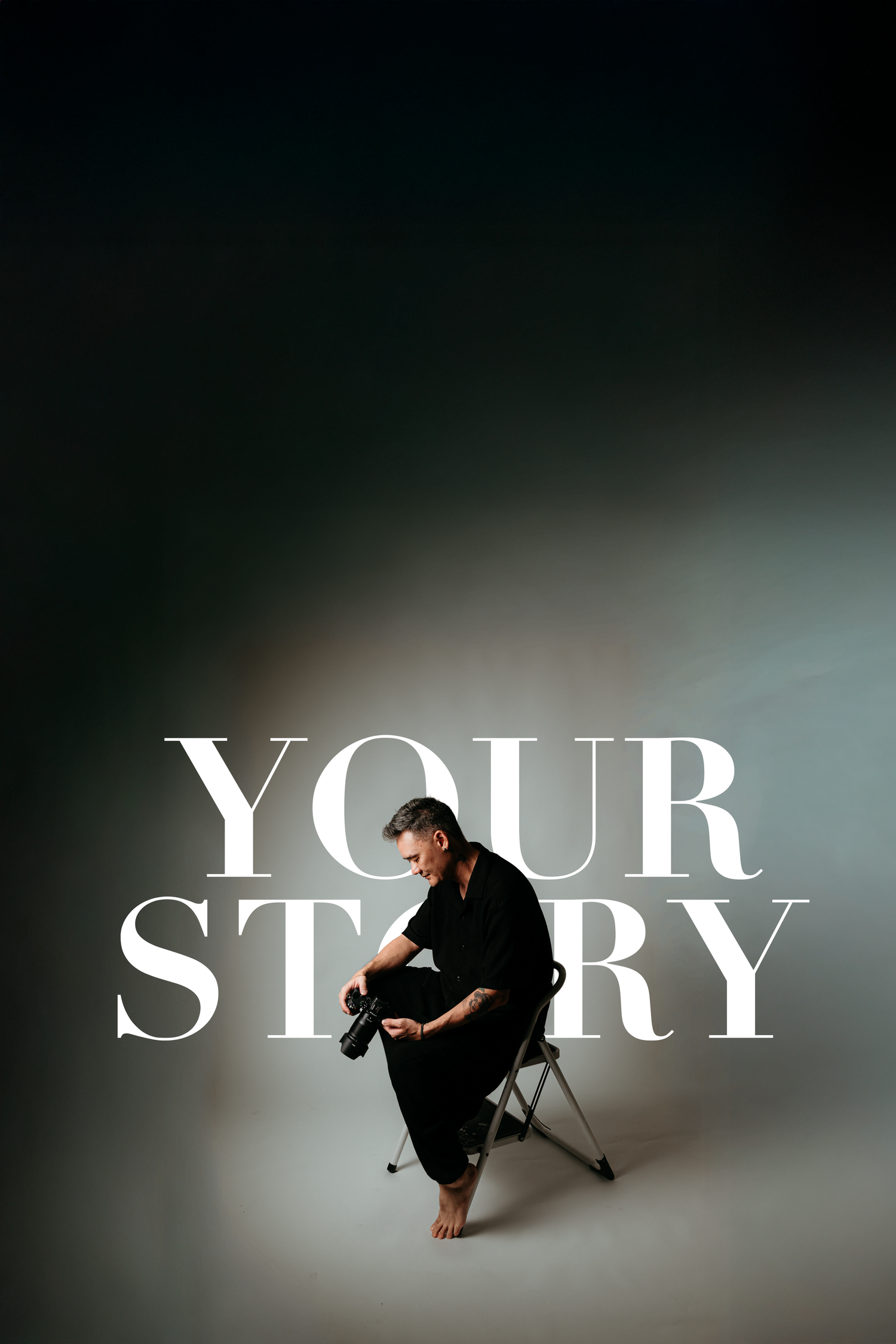 Silhouetted figure sits in dramatic lighting with white text overlays spelling 'YOUR STORY' across multiple frames.