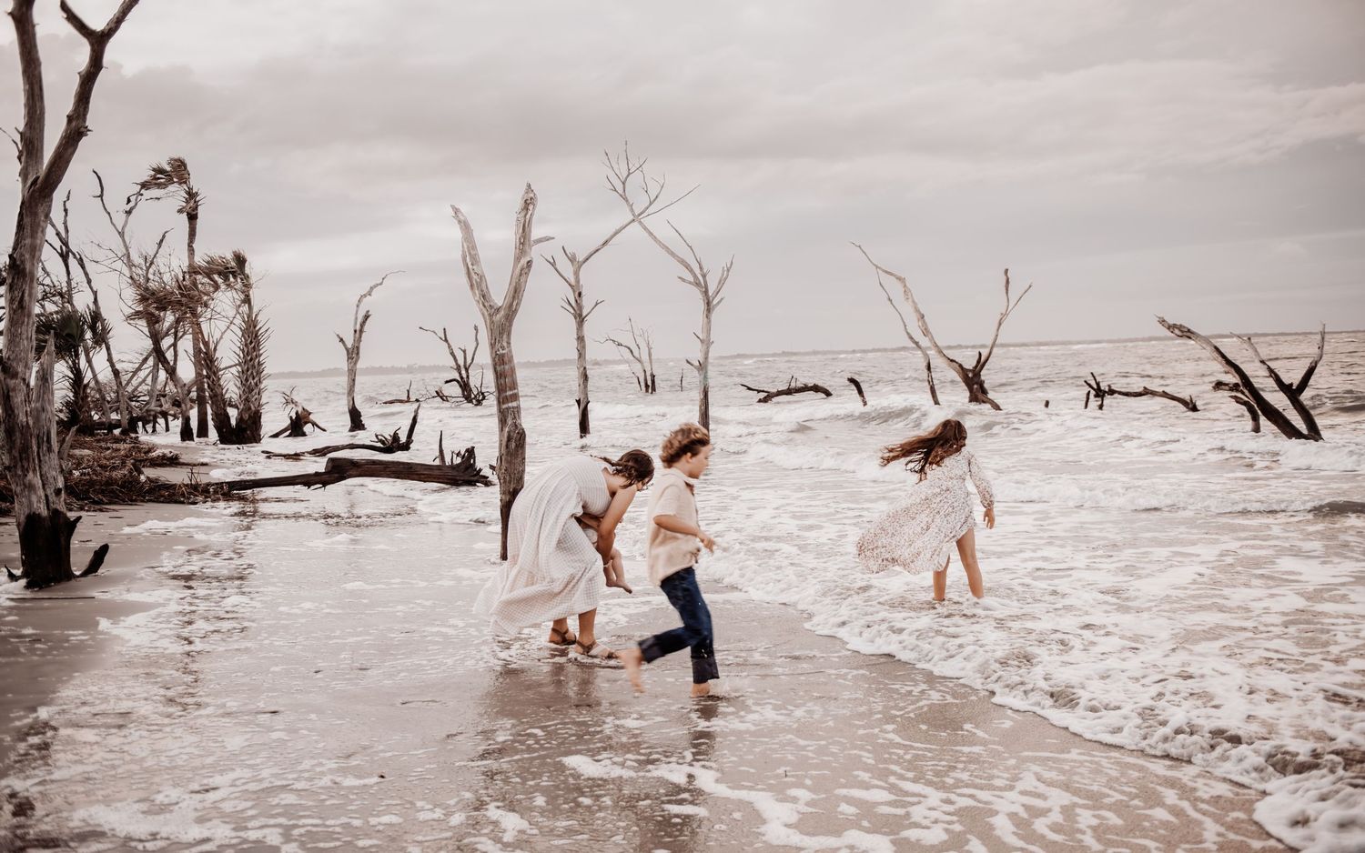 A series of vintage sepia photographs showing people enjoying leisure time at a beach with waves and water splashing.