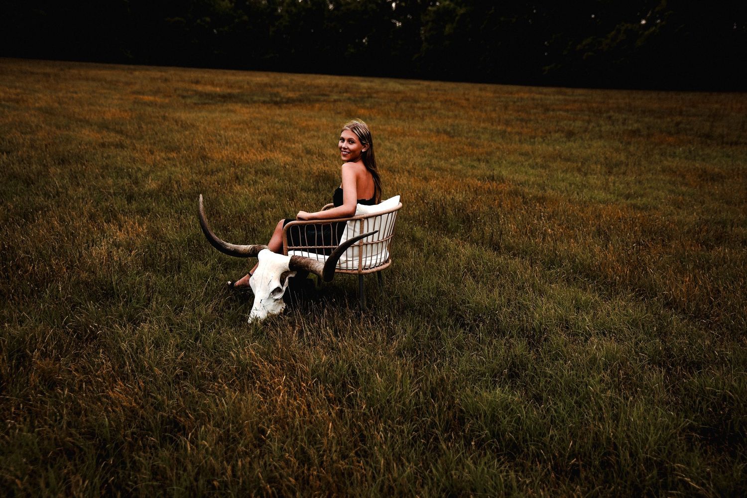 Someone sits on a white bench in a golden field at sunset with a large dog by their side.