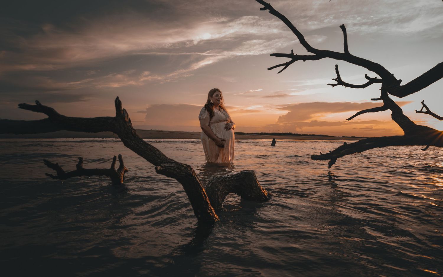 Silhouettes of driftwood branches frame a dramatic orange sunset over calm ocean waters at dusk.