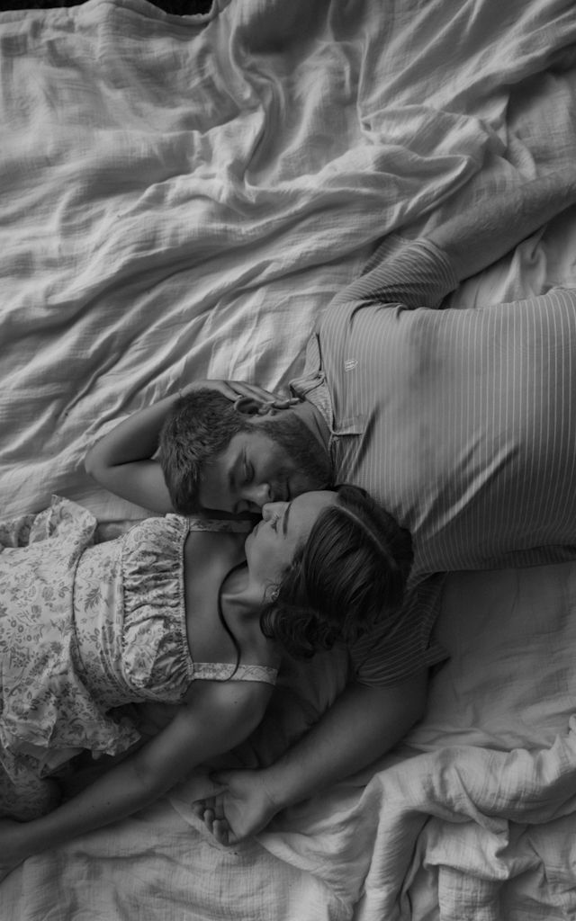 A person sleeps peacefully on white bedding in a series of black and white photographs showing different sleeping positions.