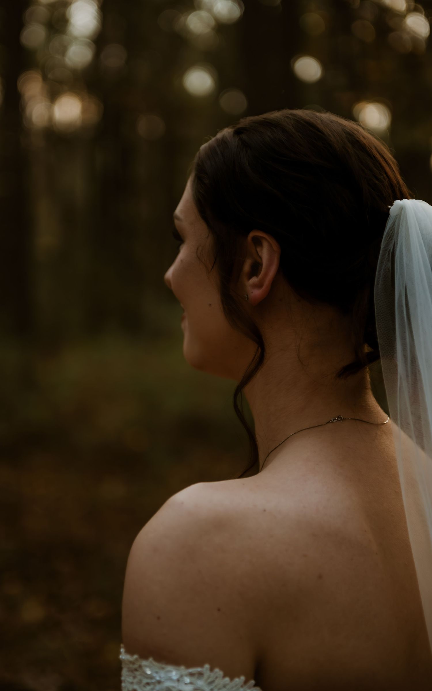 A bride in a strapless wedding dress and veil gazes into the distance during golden hour in a forest setting.
